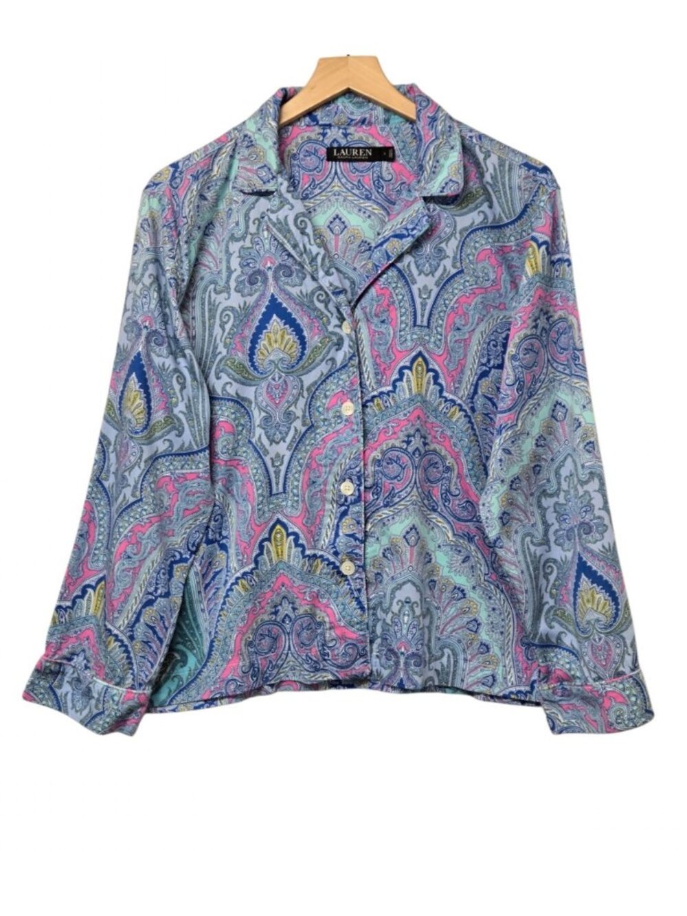 Lauren Ralph Lauren Womens Size Large Blue Pink Paisley Button Up Pajama Top